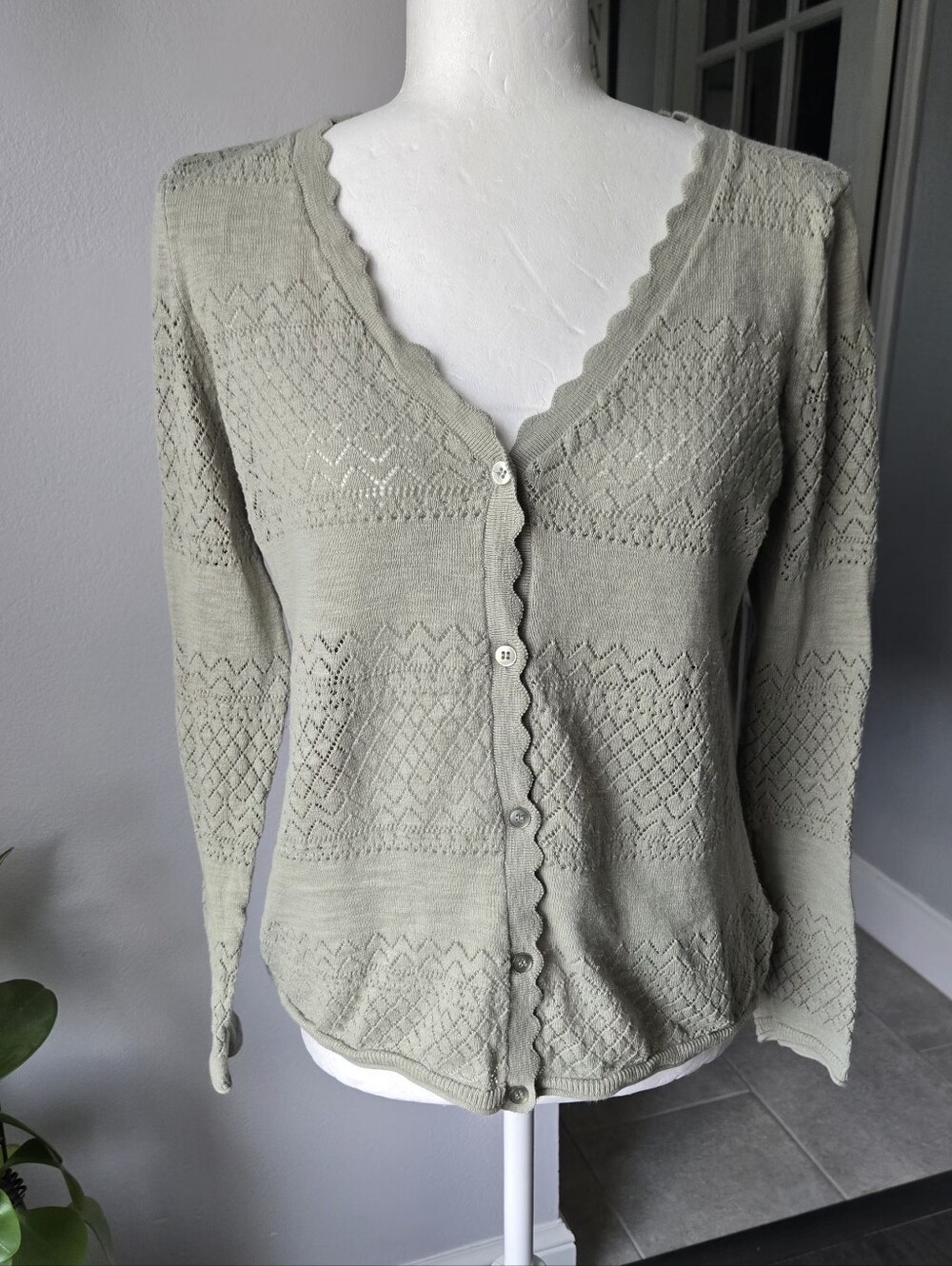 FRYE Seagrass Sage Green Pointelle Scalloped Knit Cardigan Sweater Size M